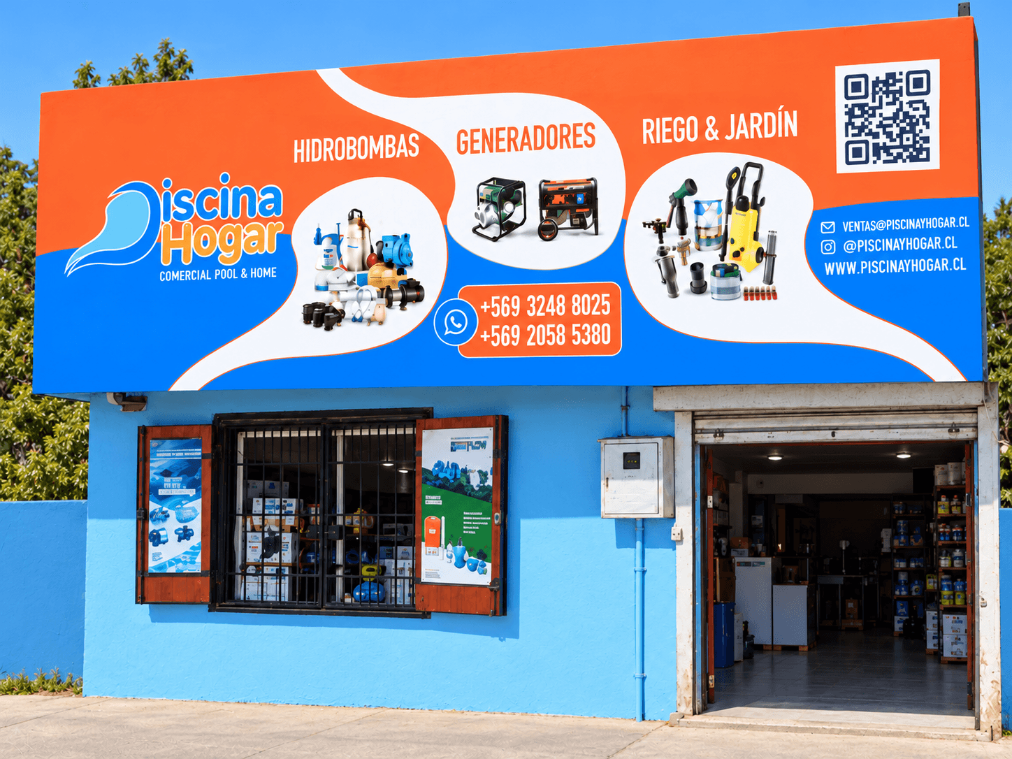 Fachada de la tienda Piscina Hogar en Calera de Tango, con el letrero de hidrobombas, generadores y riego y jardín